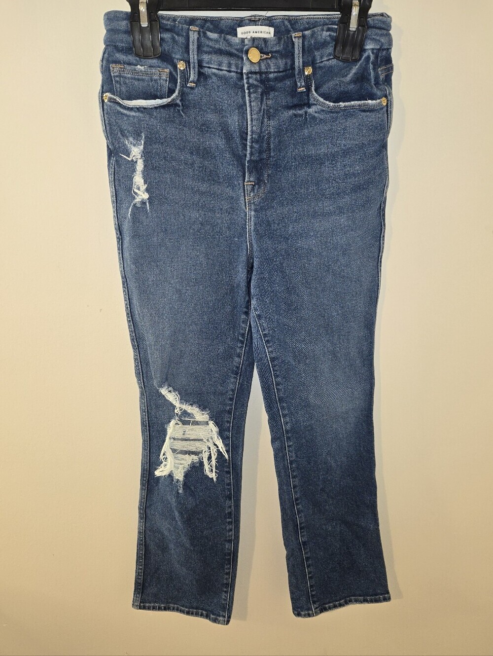 Good American Distressed Cropped Jeans Size 6/28 Blue Denim Raw Hem